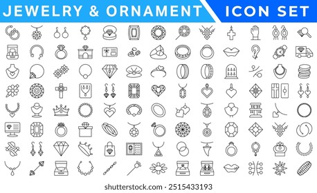 Jewelry   Ornament icon set . Simple Set of Jewelry Related Vector Line Icons. Contains such Icons as Earrings, Body Crosses, and Engagement rings. icon set . Simple Set of Jewelry Related Vector