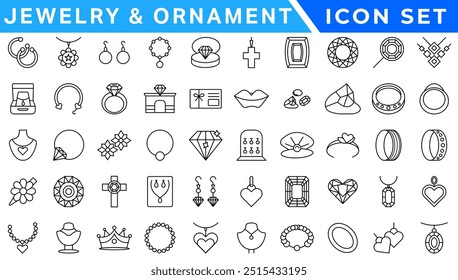 Jewelry and Ornament icon set . Simple Set of Jewelry Related Vector Line Icons. Contains such Icons as Earrings, Body Crosses, and Engagement rings. icon set . Simple Set of Jewelry Related Vector