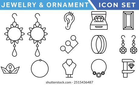 Jewelry and  Ornament icon set . Simple Set of Jewelry Related Vector Line Icons outline icons related to jewelry, necklace. Linear icon collection.