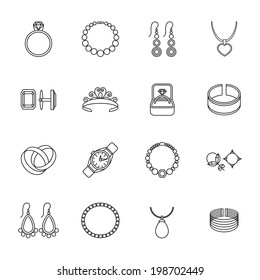 Jewelry outline icons set of bracelet ring necklace isolated vector illustration