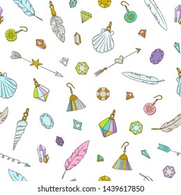 Jewelry pattern. Boho style pattern. Doodle ethnic background. Tribal. Bohemian style. Folk. Ornaments. Fashion. Fabric design. Earings. Necklace.