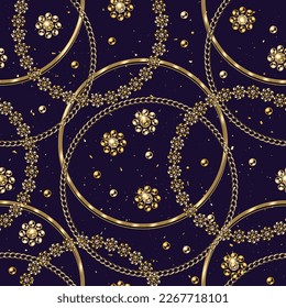 Jewelry pattern with small glittering particles, golden beads, circles made of gold chains. Luxury background for branding.