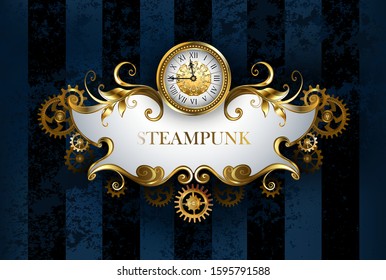 Jewelry, patterned banner with antique watches, decorated with gold and brass gears on dark blue, textured, striped background, drawn in steampunk style.