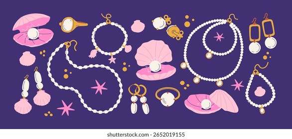 Joias e pérolas em estilo de desenho animado retro. Tesouros do mar: brincos, colares, conchas, anéis de pérolas. Elementos de moda marinha para estilo de vida praia. Ilustração em estilo funky, doodle, etiqueta na moda 