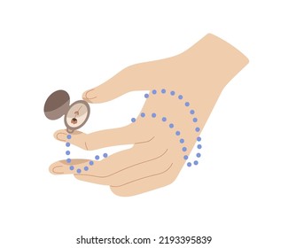 Jewelry pendant in hand. Holding medallion on chain, necklace. Opening amulet with flower. Secret romantic jewel, sacred talisman for luck. Flat vector illustration isolated on white background