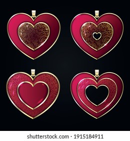 Jewelry pendants. Collection of 4 red enamel heart-shaped pendants. Vector 10 EPS