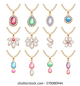 Jewelry pendants set. Golden chains with gemstones. Precious necklaces with diamonds pearls rubies. Vector illustration. Good for jewelry shop design.