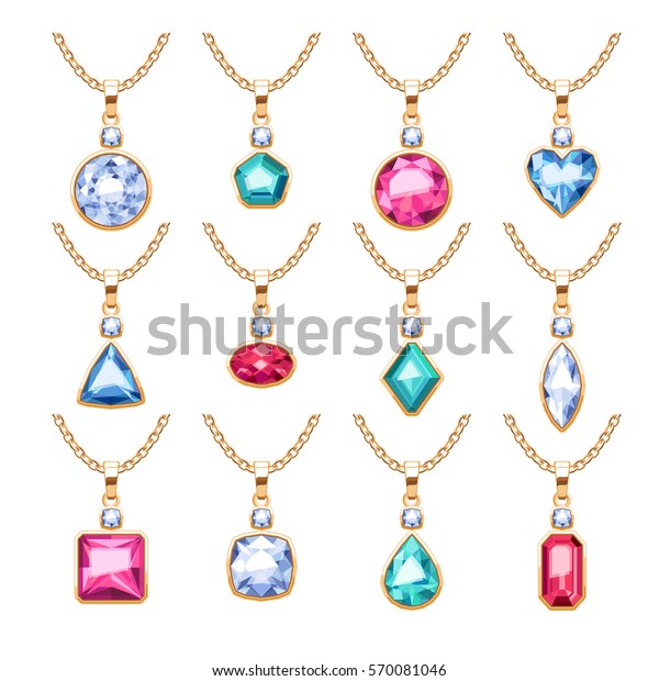 「宝石類のペンダントセット。宝石付き金鎖。ダイヤの真珠が入った貴重なネックレスがルビーです。ベクターイラスト。宝石店のデザインに適しています。」のベクター画像素材（ロイヤリティフリー