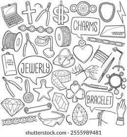 Jewelry Permanent Doodle Icons Black and White Line Art. Jewel Clipart Hand Drawn Symbol Design.