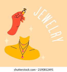 Jewelry Poster. Hand Holding Elegant Gold Ring With Precious Gems. Jewel Necklace On Female Neck. Shiny Diamonds. Brilliant Gemstones. Woman Beauty. Girls Luxury Accessories. Vector Square Yellow Card