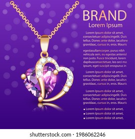 Ilustración de afiche de joyería Corazón pendiente hecho de oro y piedra preciosa en una cadena con reflexión.