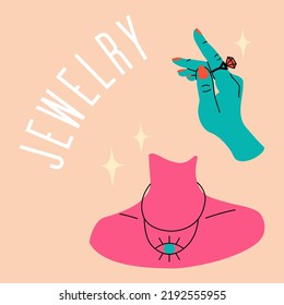 Jewelry Poster. Ladies Hand Holding Expensive Ring With Precious Gems. Necklace On Female Neck. Shiny Diamonds. Brilliant Gemstones. Woman Beauty. Luxury Accessories. Square Card