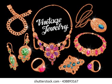 Jewelry. Precious metal, gold silver gems Vector illustration