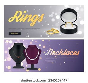 Jewelry product web banner with rings and necklaces landing page set realistic vector illustration. Elegant golden accessories with diamond and pearl luxury marriage gemstone bijouterie internet ad