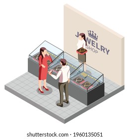 Jewelry production isometric composition with view of fashion jewelry store with display counter seller and customers vector illustration