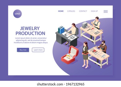 Jewelry production isometric web site landing page with jeweler characters editable text clickable buttons and links vector illustration