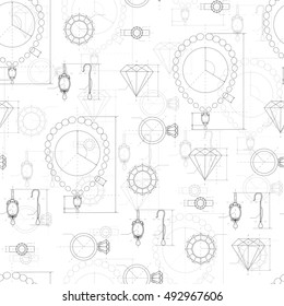 Jewelry production sketch seamless pattern. Hand drawn sketch of ring, necklace, earrings, precious stone. Draft outline of diamond units collection. Project of brilliant elements. Vector