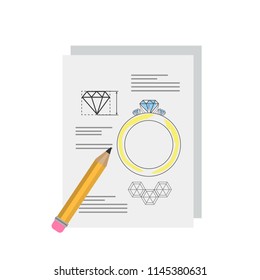 Jewelry project. Idea of golden ring with diamond. Making a luxury golden accessories with gemstone. Isolated flat vector illustration