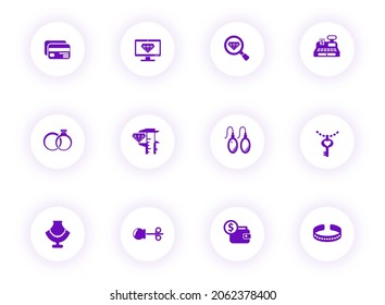 jewelry purple color vector icons on light round buttons with purple shadow. jewelry icon set for web, mobile apps, ui design and print