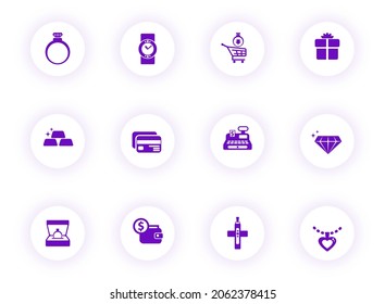 jewelry purple color vector icons on light round buttons with purple shadow. jewelry icon set for web, mobile apps, ui design and print
