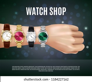 Jewelry realistic composition with watch shop headline men s hand and four different watches vector illustration