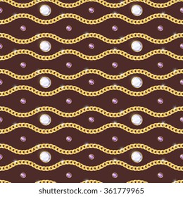Jewelry realistic seamless pattern with gold chain on brown background vector illustration 