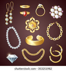 Jewelry realistic set with earrings bracelet and rings isolated vector illustration 