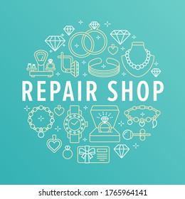 Jewelry repair shop, diamond accessories banner illustration. Vector line icon of jewels - gold engagement rings, gem earrings, silver necklaces, charms bracelets, brilliants. 