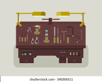 Jewelry repair shop. Equipment and craft, metal and workshop, jeweler and diamond, flat vector illustration