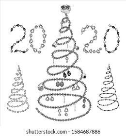 jewelry, ring, chain, earrings, bracelets are depicted in a minimalist style. black and white image by liner.
strict design. decorative tree, new year, gifts