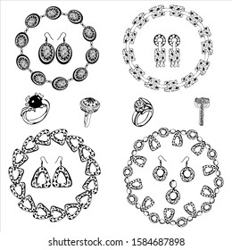 jewelry, ring, chain, earrings, bracelets are depicted in a minimalist style. black and white image by liner.
strict design
