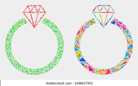 Jewelry ring collage icon of triangle elements which have different sizes and shapes and colors. Geometric abstract vector design concept of jewelry ring.