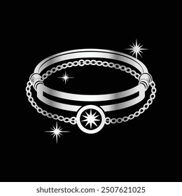 Jewelry ring with diamonds. Vector illustration on black background.
