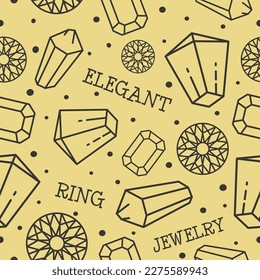 Jewelry ring, elegant gemstones and precious stones, jewels for bijouterie and decoration. Monochrome design of brilliants. Seamless pattern print or background wallpaper. Vector in flat style