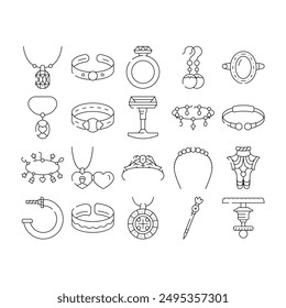 jewelry ring gold jewel icons set vector. jewellery accessory, necklace diamond, bracelet silver, gift, luxury girl jewelry ring gold jewel black contour illustrations