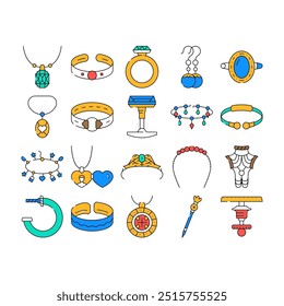 jewelry ring gold jewel icons set vector. jewellery accessory, necklace diamond, bracelet silver, gift, luxury girl jewelry ring gold jewel color Contour Illustrations