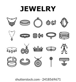 jewelry ring gold necklace icons set vector. jewellery, jewel diamond, accessory fashion, bracelet silver, gift, luxury, golden jewelry ring gold necklace black contour illustrations