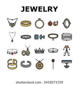 jewelry ring gold necklace icons set vector. jewellery, jewel diamond, accessory fashion, bracelet silver, gift, luxury, golden jewelry ring gold necklace color line illustrations