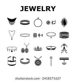 jewelry ring gold necklace icons set vector. jewellery, jewel diamond, accessory fashion, bracelet silver, gift, luxury, golden jewelry ring gold necklace glyph pictogram Illustrations