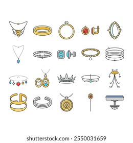 joias anel de ouro colar ícones definir vetor. joias, diamante joia, moda acessório, pulseira de prata, presente, luxo, joias de ouro anel de ouro colar cor linha ilustrações