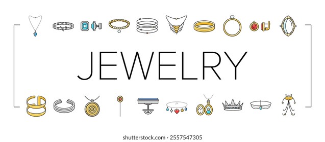 jewelry ring gold necklace icons set vector. jewellery, jewel diamond, accessory fashion, bracelet silver, gift, luxury, golden jewelry ring gold necklace color line illustrations