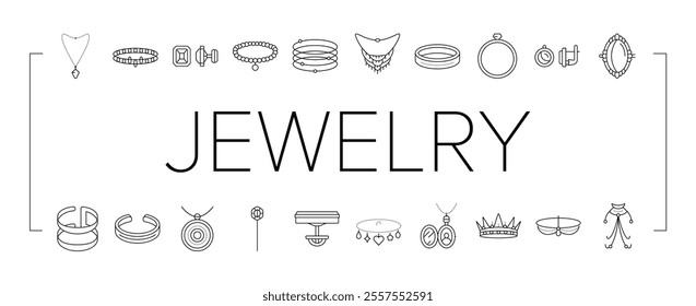 jewelry ring gold necklace icons set vector. jewellery, jewel diamond, accessory fashion, bracelet silver, gift, luxury, golden jewelry ring gold necklace black contour illustrations