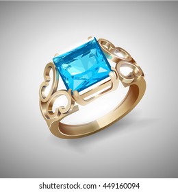 Jewelry ring with a precious stone ring with a massive stone. Vector illustration of 3d photorealism style isolated on white background