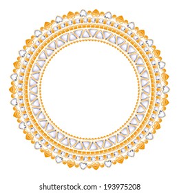 Jewelry round frame with gemstones. Chains of diamonds and gold. Contains brushes.