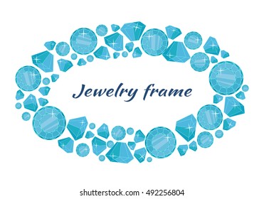 Jewelry round frame with space for text. Round frame made of blue shiny diamonds. Blue shiny diamonds on on white background. Diamond decoration. Vector illustration in flat.
