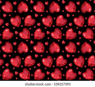 Jewelry ruby red heart seamless pattern. Brilliant, gems hearts endless background, texture, wallpaper. Valentines Day. Vector illustration.