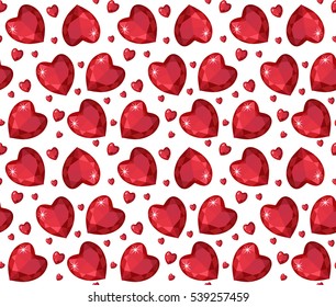 Jewelry ruby red heart seamless pattern. Brilliant, gems hearts endless background, texture, wallpaper. Valentines Day. Vector illustration.