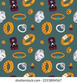 Jewelry seamless pattern. Cartoon gems and golden products. Silver metal watches. Engagement rings. Jewel bracelets or earrings. Expensive wristwatches. Garish vector