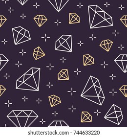 Jewelry seamless pattern, diamonds line illustration. Vector icons of brilliants. Fashion store dark repeated background.