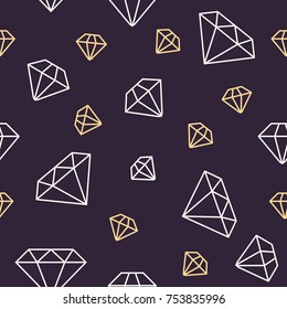 Patrón impecable de joyas, ilustración de línea de diamantes. Iconos vectores de brillantes. Almacén de moda oscuro de fondo repetido.